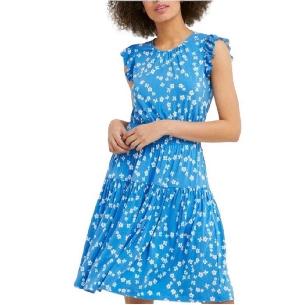Draper James Faith Flutter Sleeve Dress Smocked Waist Blue Ditsy Floral Sz L NEW